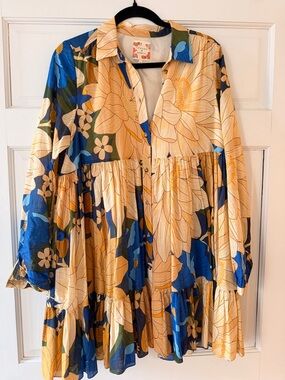 Sezane x Farm Rio Floral Midi Dress in Cream, Blue & Green